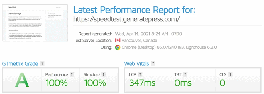 generatepress speed test
