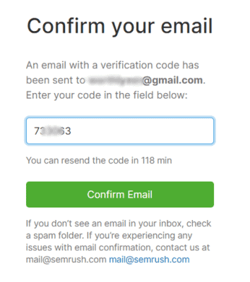 semrush email confirmation code